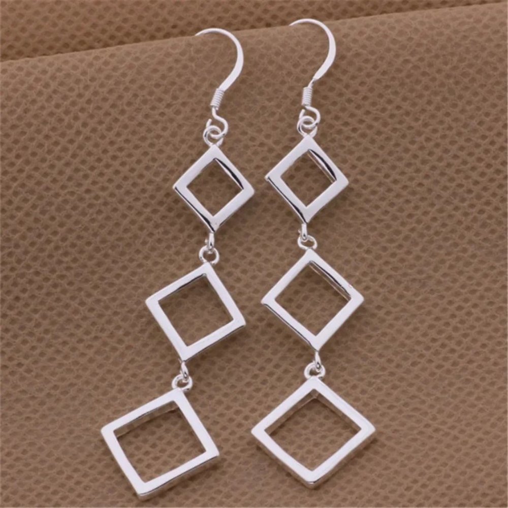 Gorgeous Hypoallergenic Hanging Squares 925 Sterling Silver 3 Inch Long Earrings - Picture 5 of 6